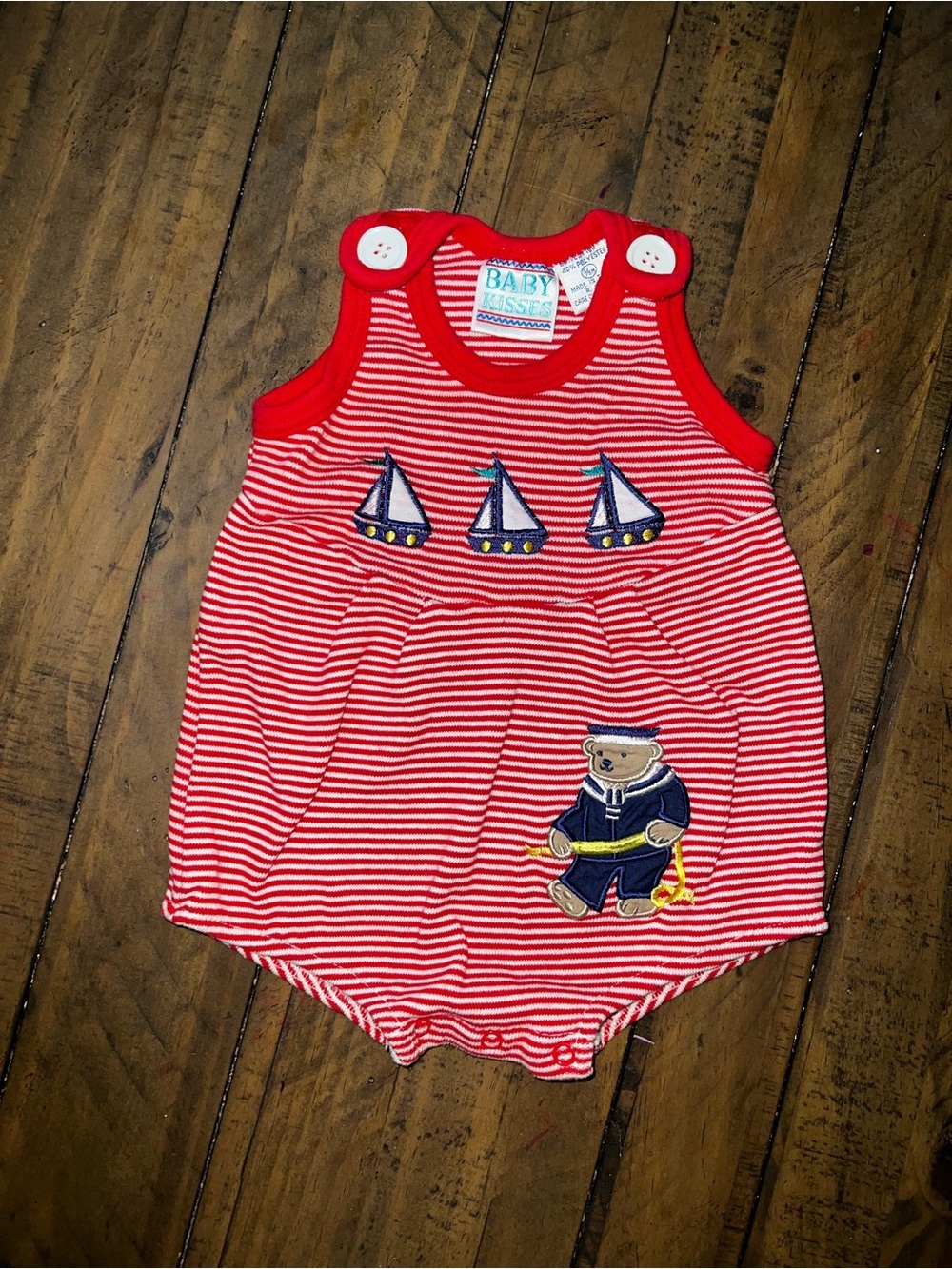 Vintage Baby Red Striped Nautical Romper with Sailboat & Bear